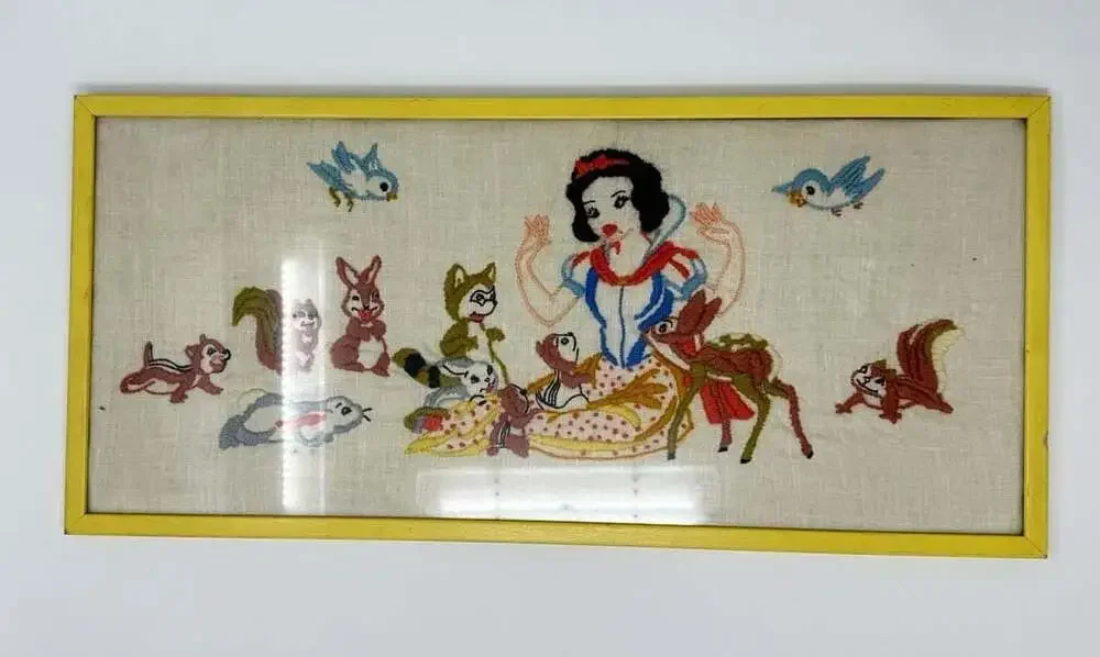 Vintage Embroidered Snow White Woodland Animals Framed Needlepoint Art